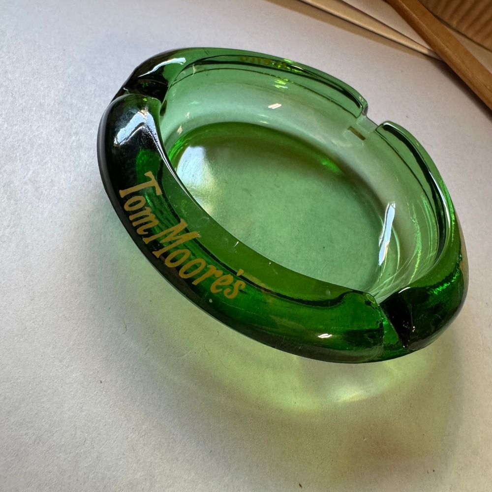 Vintage Holiday Hotel Reno Tom Moores Green Glass Ashtray Mid Century Modern